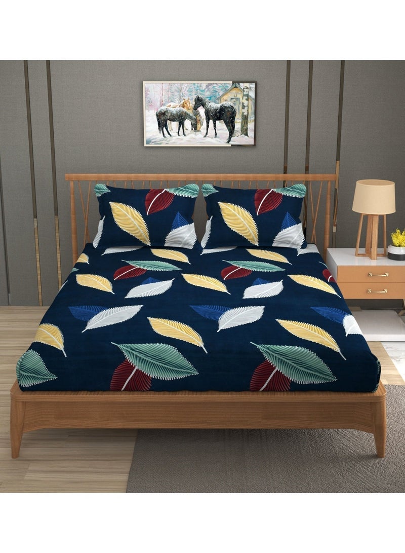 AURIO Premium Queen Size Fitted Bedsheet with 2 Pillowcases – Modern Leaf Pattern on Navy Blue – Deep Pocket (180x200+35 cm) Soft, Breathable Microfiber Bedding Set for Home Comfort - Image 2